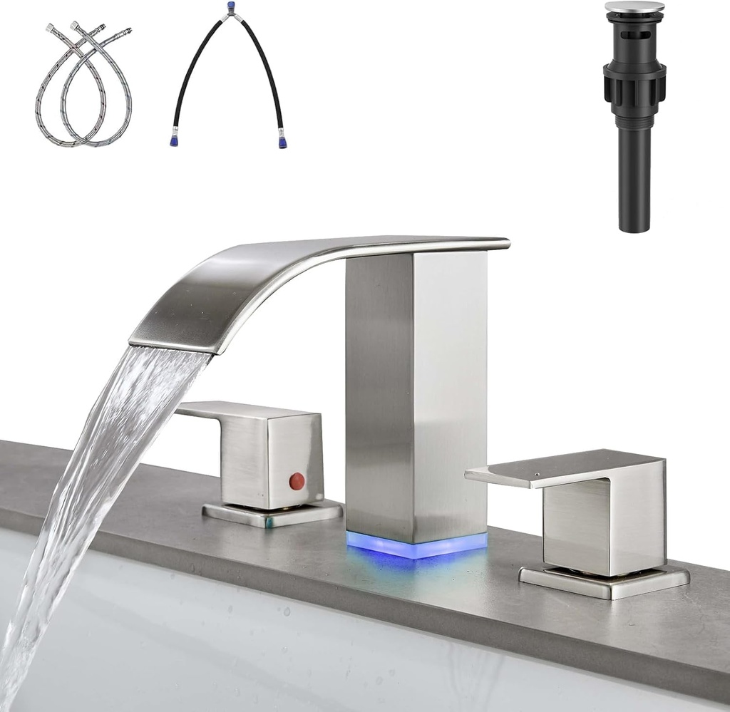 LED Bathroom Faucet 3 Holes Brushed Nickel - 8 Inch Widespread Bathroom Sink Faucet | Two Handles Lavatory Vanity Sink Faucets with Pop-up Drain Assembly & Supply Lines