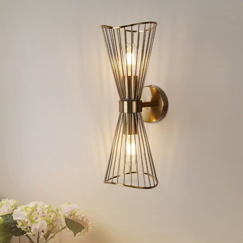 Brass Wall Sconces, 2-Light Wall Light Fixtures Mid Century Modern Wall Lamp for Living Room Bedside Hallway, E26