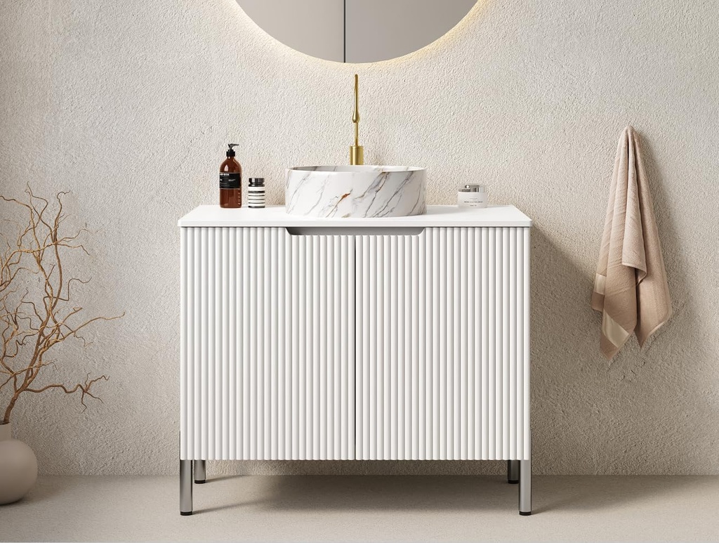 30" Bathroom Vanity with Ceramic Sink, Freestanding Bathroom Storage Cabinet with 2 Doors and Carrara White Sintered Stone Counter Top, with Sink Hole Cover and Drain (White)