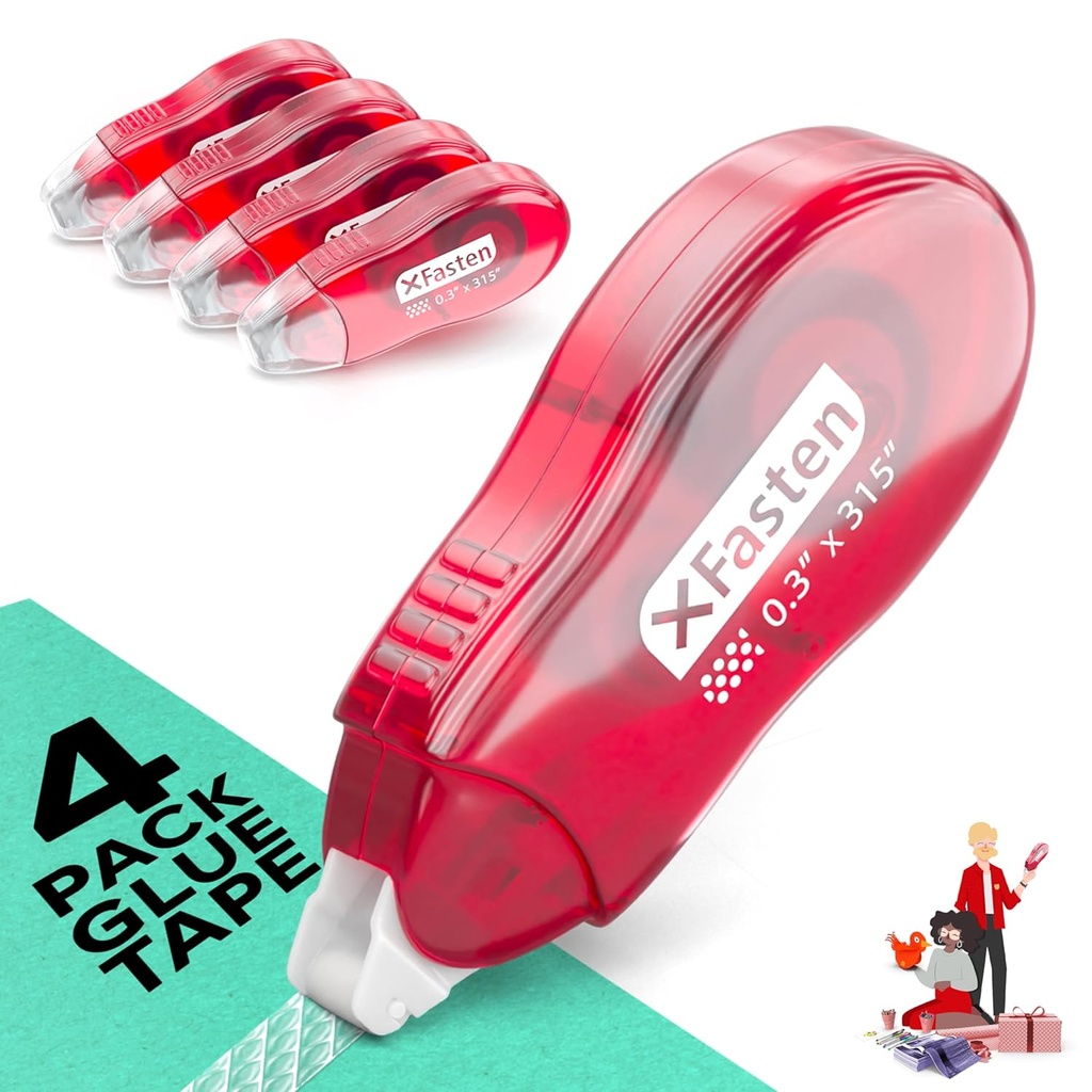 XFasten Japan Dots Scrapbook Tape Glue Roller Runner, 8mm x 26ft 4-Pack Double Sided Tape Roller, Dot Applicator for Scrapbook Album Kit, Removable