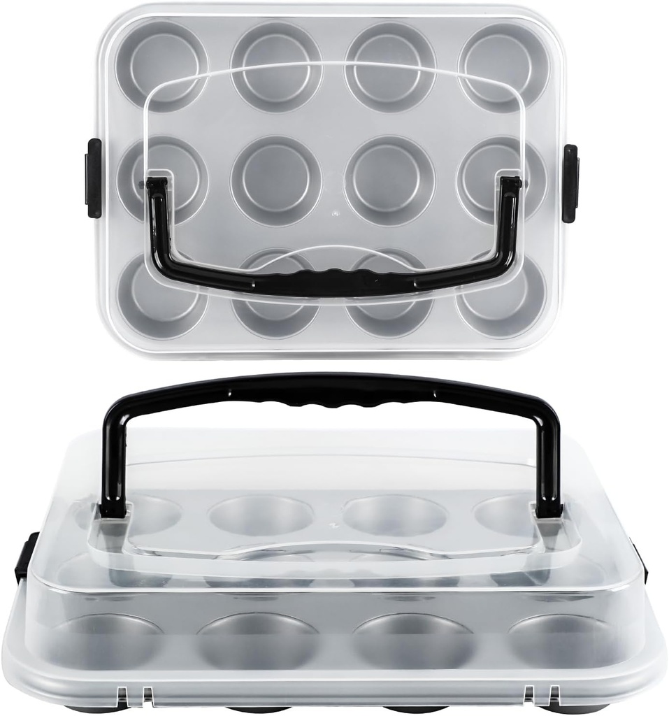 2-Pack Cupcake Pan with Lid, 12-Cup Nonstick Muffin Pan with Handle – Cupcake Carrier for Baking & Transporting, Perfect for Party, Holiday, Gathering