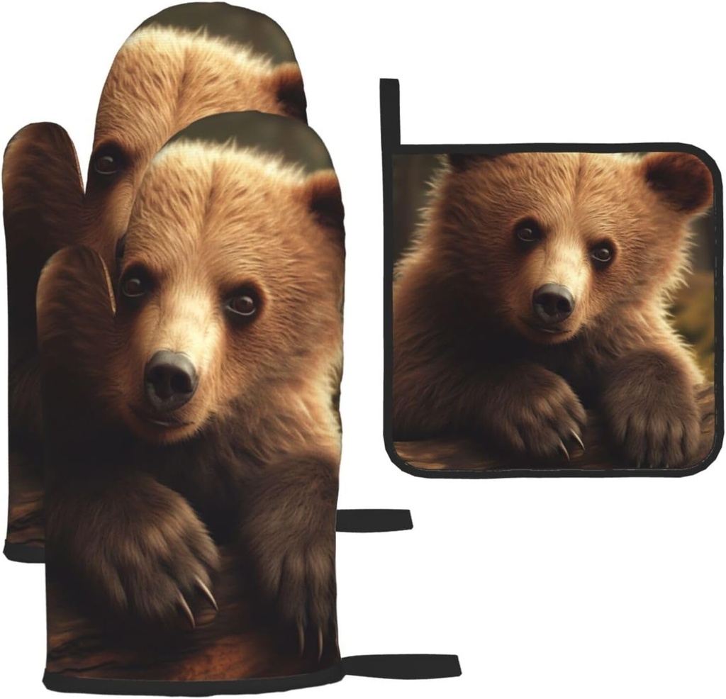 Oven Mitts and Pot Holders 3 pcs Set Cooking Glove Bear Lying on The Tree Oven Mitt Heat Resistant Oven Glove for Cooking Kitchen Oven Gloves Non-Slip Oven Mittens for Microwave Baking BBQ