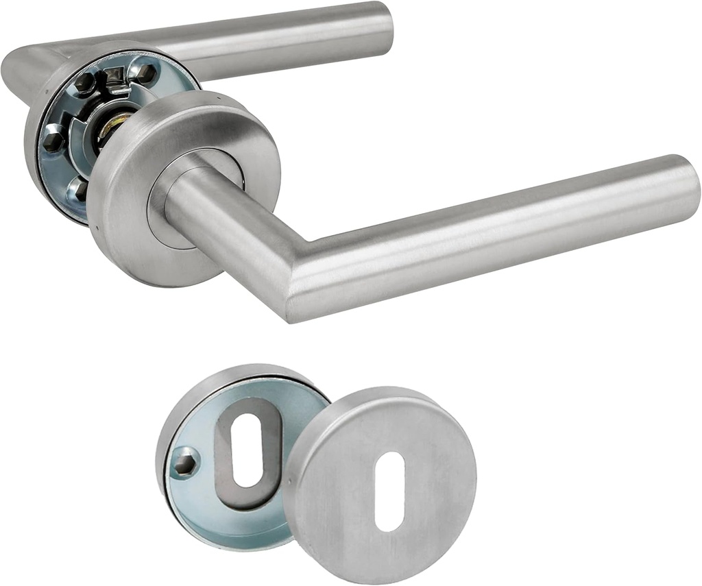 Amig - Set of Handles with Rosette for Doors | 136 x Ø19 mm | Elegant and Simple Design | Ideal for Your Home or Office | Stainless Steel | Matte Silver | Includes Throat Wrench