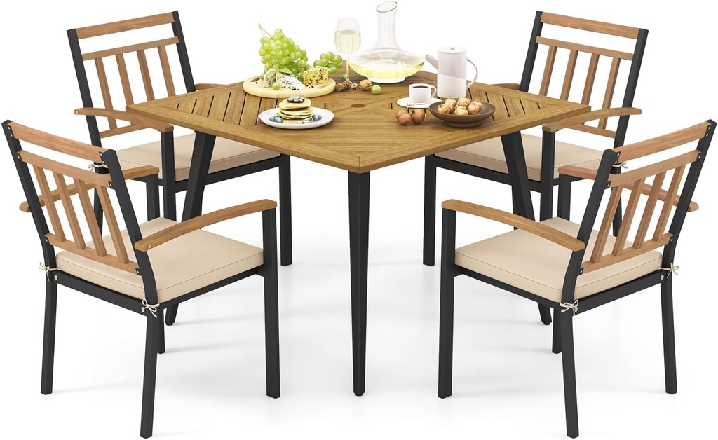 Tangkula 5 Pieces Patio Dining Set, Outdoor Dining Table and Chairs with Cushions, 42.5” Square Acacia Wood Dining Table with 1.9” Umbrella Hole, Outdoor Furniture Set for Backyard, Garden, Poolside