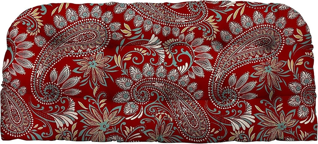 Tufted Wicker Loveseat Cushion | 44” x 22" | Water and Fade-Resistant Spun Fabric | Outdoor Settee Cushion for Patio Furniture | Eastman Berry Red Paisley