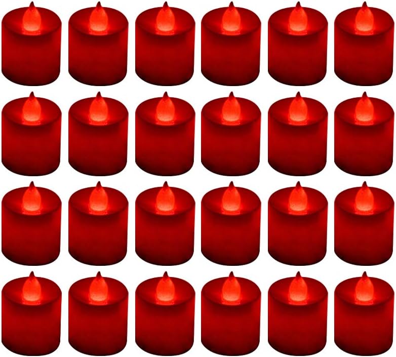 LANKER 24 Pack Flameless Led Tea Lights Candles, Flickering Red Battery Operated Electronic Fake Candles, Decorations for Wedding, Party, Christmas, Halloween (Red)