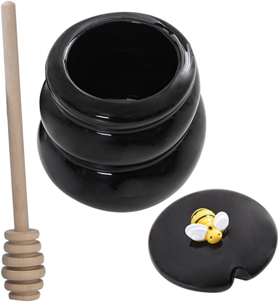 Ceramic Honey Jar with Lid and Dipper Food Safe Glazed Storage Pot for Honey Sugar Salt Easy Clean Kitchen Container Black Cute for Home and Use