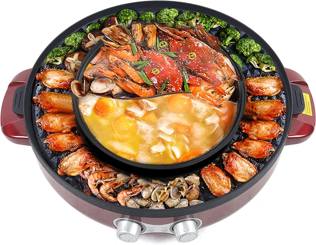 2200W 110V 2 in 1 Electric Hot Pot 3.6L Smokeless Grill and Hot Pot BBQ Grill Pot Household Electric Grill Barbecue Plate Shabu Pot Indoor Frying Pan for 2-5 People 19.7inch Red New