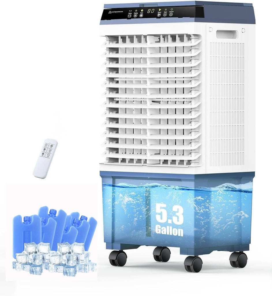Air Choice Swamp Cooler, 1800 CFM Evaporative Air Cooler, 6 Ice Box & 5.3 Gal Tank for Long Cooling, 110°Auto Oscillation, 3 Speeds, Remote, 12H Timer, 3-in-1 Air Cooling Fan for Outdoor, Office, Home