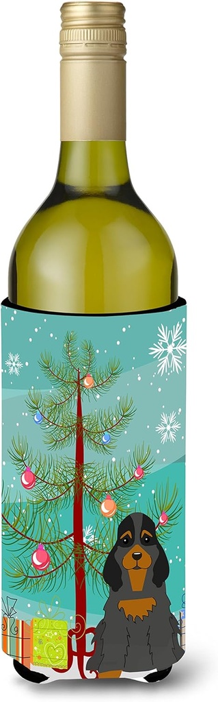 Caroline's Treasures BB4218LITERK Merry Christmas Tree Cocker Spaniel Black Tan Wine Bottle Hugger Bottle Cooler Sleeve Hugger Machine Washable Collapsible Insulator Beverage Insulated Holder