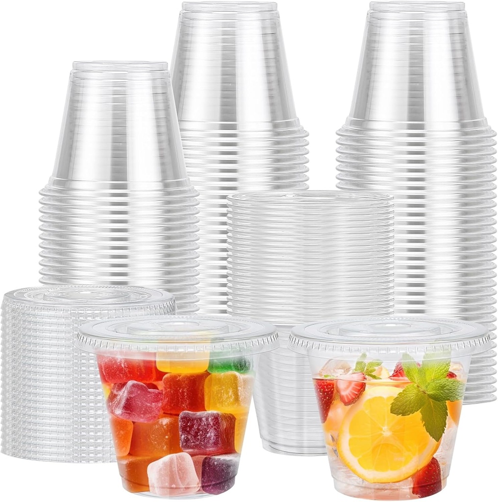 Lamosi 100 Pack 9 oz Clear Plastic Cups with Lids, Disposable Cups with Flat Lids, Ideal for Ice Cream, Cold Drinks, Fruit, Dessert, Yogurt Parfait