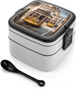 Stackable Double-Layer Bento Box Lisbon Tram Adults Lunchbox with Spoon Cute Japanese Bento Box Dishwasher Safe for Work Travel Dining Outc