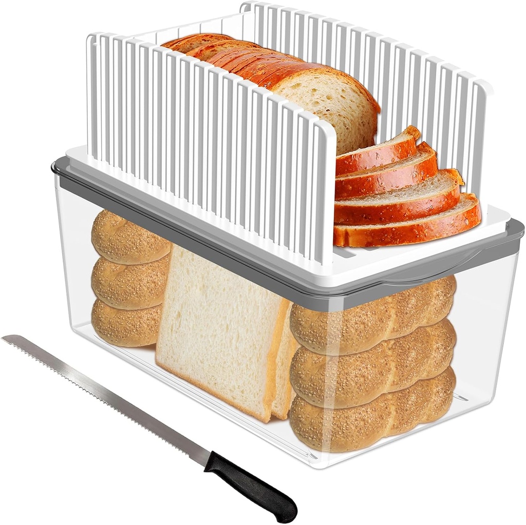 Upgrade Bread Slicer for Homemade Bread with Bread Box and Bread Knife, Bread Slicing Guide Adjustable Width, Foldable and Compact Cutting Guide with Crumb Tray, Suitability for Homemade Bread, Bagels