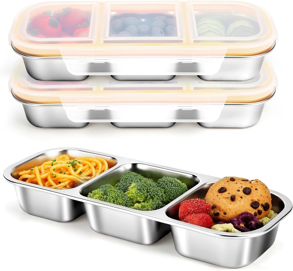 Stainless Steel Snack Containers, Reusable Snack Containers with Lids Stainless Steel Lunch Box with 3 Compartment Divided Food Storage for Home Work Travel Outdoor Camping (Yellow 3 Pack)