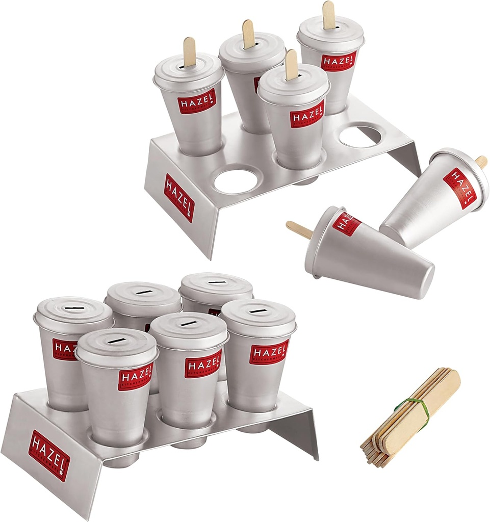 HAZEL Aluminium Kulfi Mould Set of 12 with 2 Stands & 24 Sticks | Reusable Ice Cream & Popsicle Maker | DIY Kulfi Molds for Homemade Frozen Treats, Ice Pops & Desserts