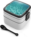 Blue Aqua Pool Water Bento Box Adult Lunch Box All-in-One Lunch Containers with Removable Compartments Double Layer Bento Lunch Box with Spoon And Handle Stackable Lunchbox