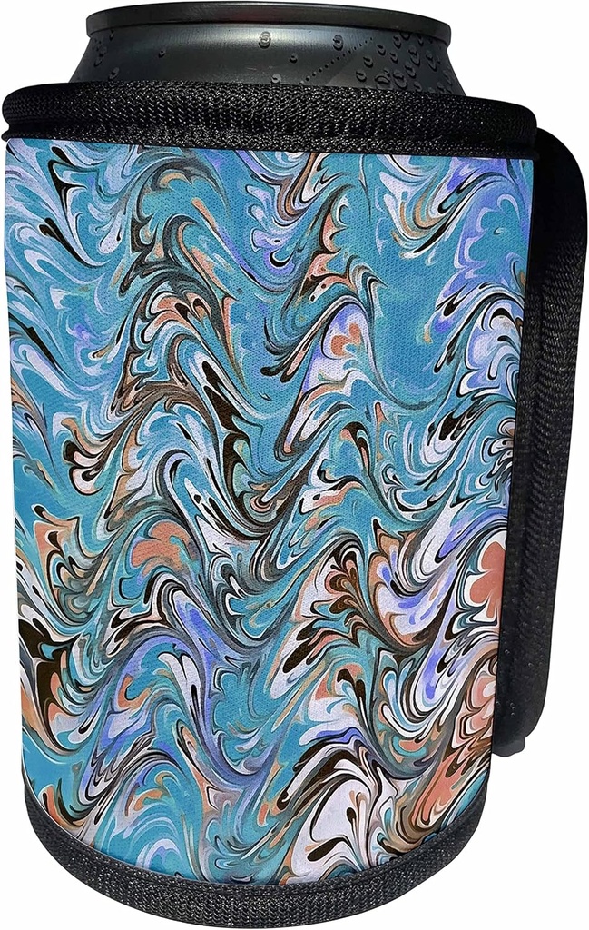 Can Cooler Bottle Wrap - Ebru Style Abstract In Cerulean Blue Acrylic Painting - Ebru Abstract Art