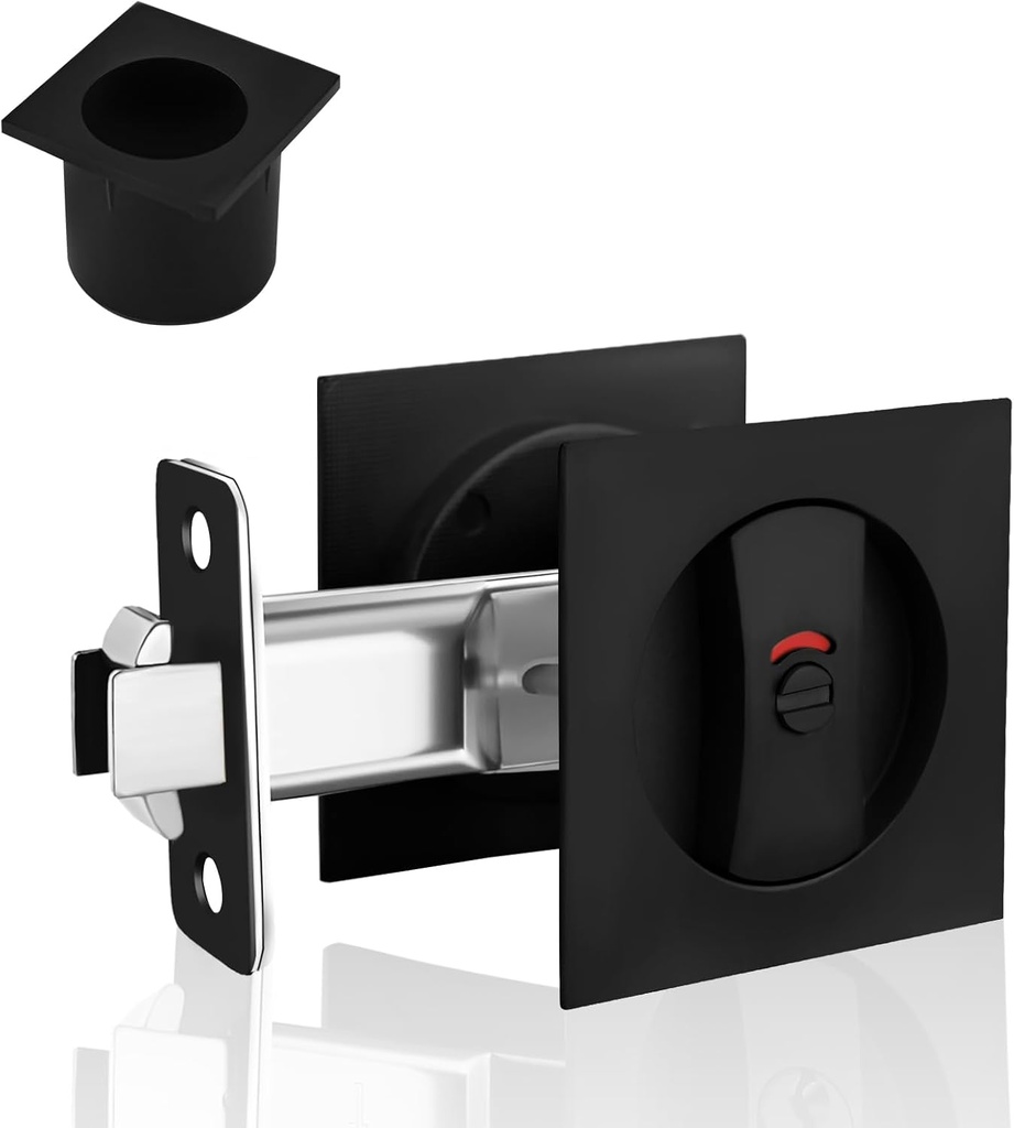 Black Pocket Door Lock with Edge Pull, Red-green Indication Privacy Pocket Door Latch for Bed/Bath/Study Room, Recessed Mounting Flush with The Surface, Contemporary Pocket Door Hardware