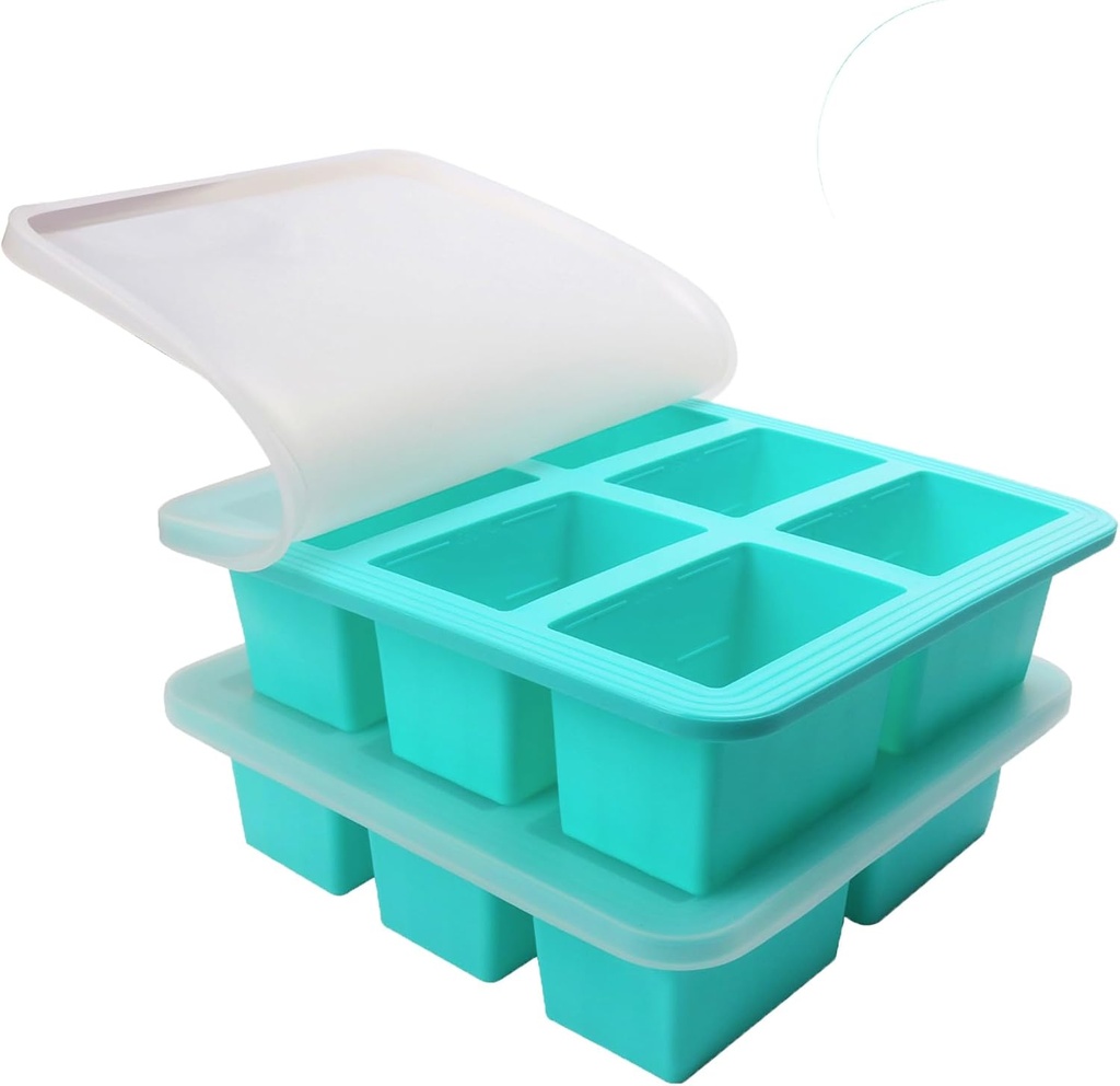 Silicone Freezer Tray With Lid - Soup Freezer Container molds - Large Ice Cube Tray- makes 12 perfect 1 cup portions cubes, 2-Pack Freezer Storage Food Soups & Meal Prep (Aqua 2 Pack)