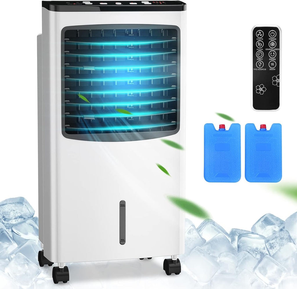 PETSITE Portable Evaporative Air Cooler, 3-in-1 Oscillation Cooling Fan with Remote Control, 2 Ice Packs, Humidifying, 3 Speeds, 7.5H Timer, Personal Swamp Cooler for Bedroom Home Office Garage