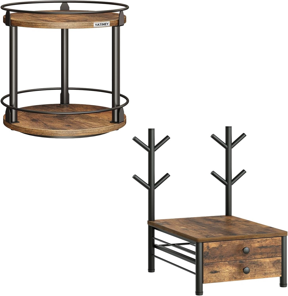 Lazy Susan Organizer and 2-Tier K Cup Holder, Rotating Spice Rack, Coffee Pod Holder, Coffee Pod Organizer for 56 Coffee Pods, Coffee Maker Stand with Mug Holders, SR22BR-KH38BR