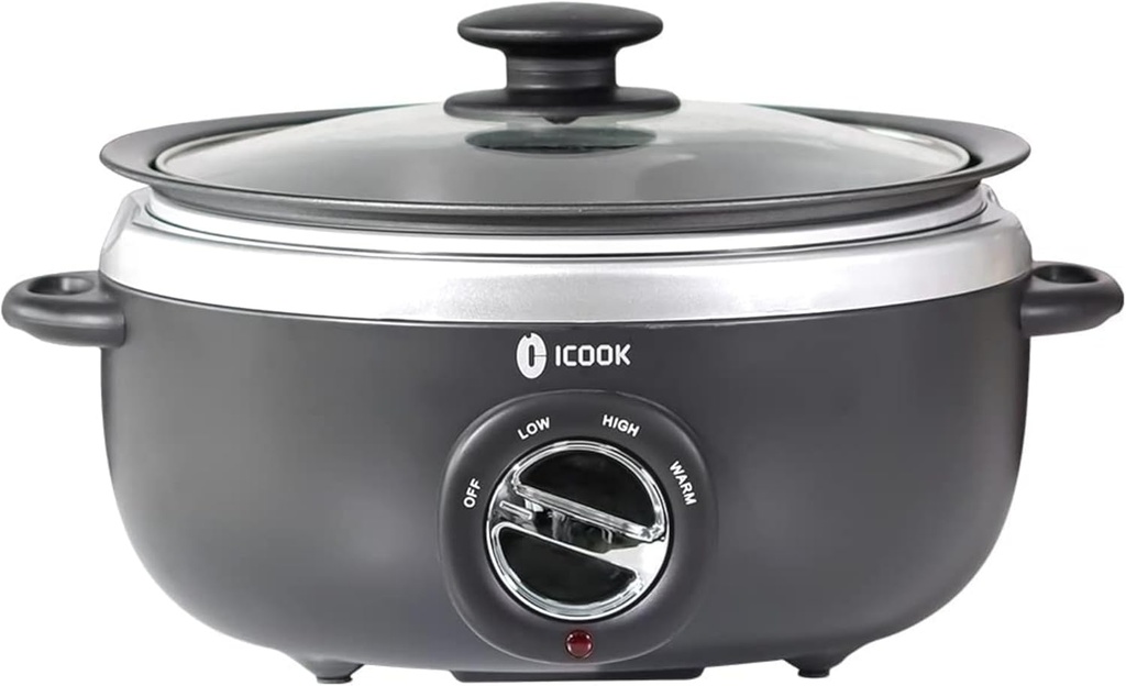 ICOOK USC-65-OP001BK 6.5 Quart Slow Cooker,Aluminium Sear/Sauté Stew Pot Stovetop safe,Dishwasher Safe,Glass Lid,Adjustable Temp,Food Warmer(Black)