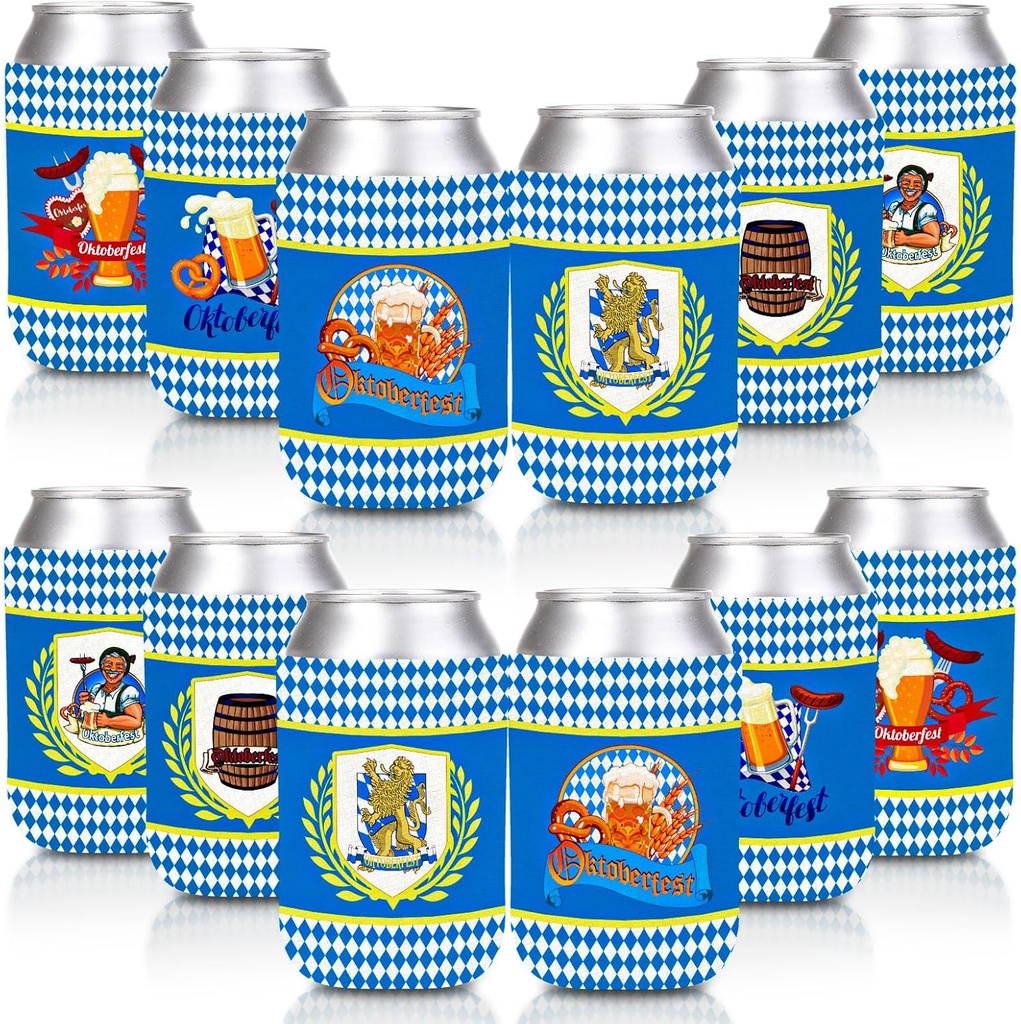 Whaline 12Pcs Oktoberfest Can Cooler Sleeves German Beer Festival Can Cover Insulators Blue White Plaid Bavarian Style Neoprene Thermocoolers for Beverages Bottle Can Munich Oktoberfest Party Supplies
