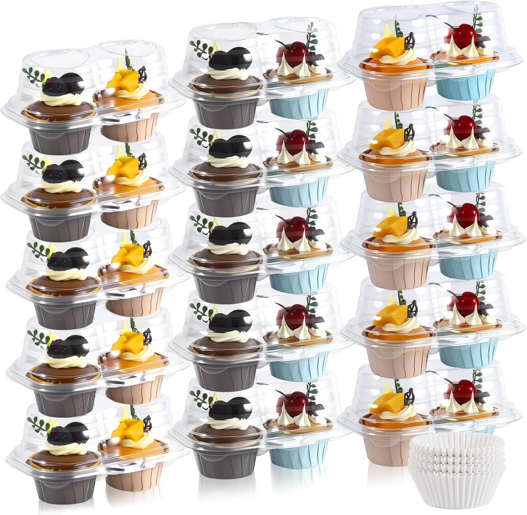 50 Pcs 2 Compartment Cupcake Containers with 150 Pcs Mini Baking Cups,2 Cavity Cupcake Boxes, Stackable Deep Dome Cupcakes Carrier Holder with Lid for Cupcakes Pies Muffins, BPA-Free