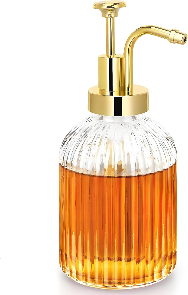 Glass Coffee Syrup Dispenser 10oz, Syrup Bottles with Ribbed Design, Gold Syrup Pump, Coffee Bar Accessories, Honey Dispenser