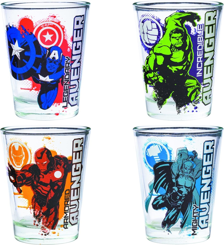 Silver Buffalo Marvel Avengers Featuring Iron Man, The Hulk, Captain America, and Thor 4 Pack Mini Glasses, 1.5 Ounces
