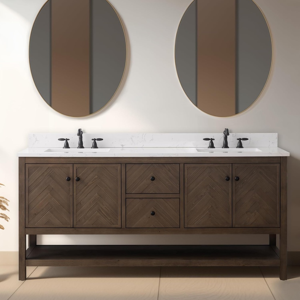 UrbanFurnishing.net Landon Collection 72" inch Bathroom Sink Vanity Set with Carrara White Quartz Top