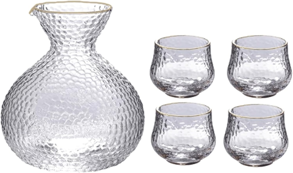 Glass Sake Cup Set Glasses Cups Crafts Japanese Sake Set Hammered Pattern Wine Glasses Set 1 Serving Carafe and 4 Cups Sake Drinking Set (Gold Edge)