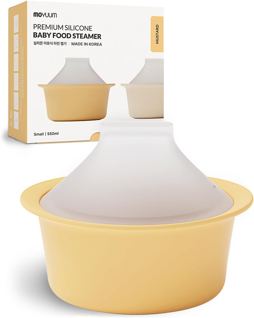 Moyuum Silicone Microwave Steamer | Made in Korea, Baby Food Maker Bowl with Lid, Egg and Vegetable Steam Cooker, Japanese Donabe Inspired Cooking Pot, Dishwasher Safe (Small, Mustard)