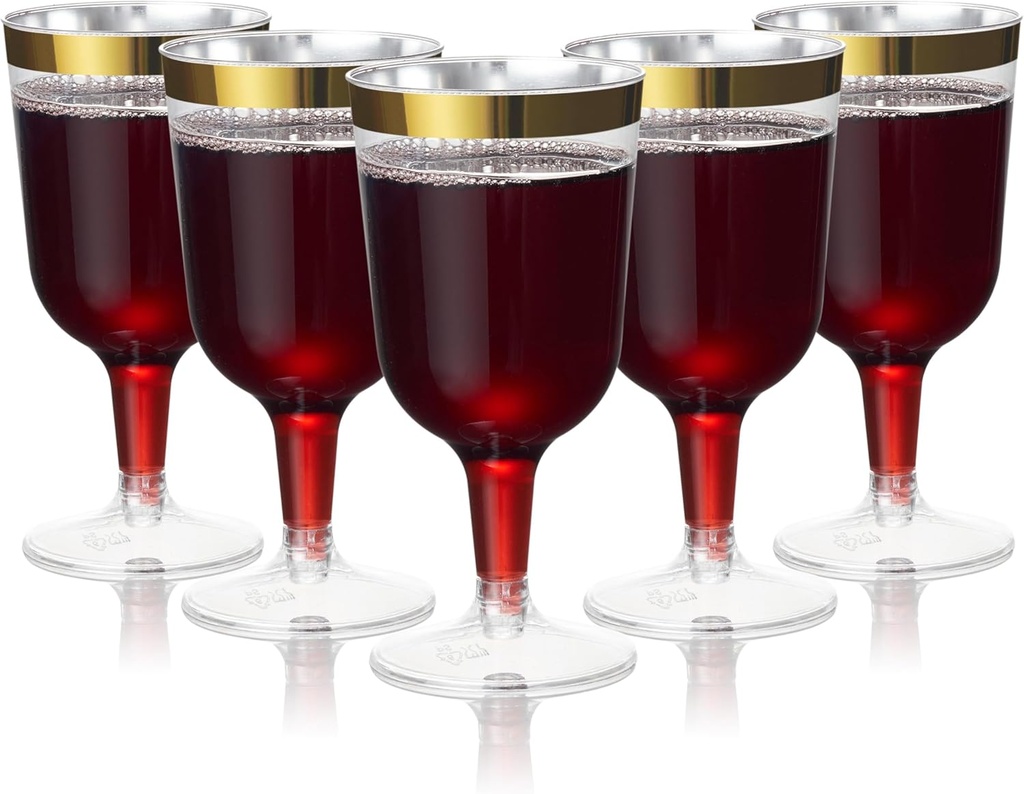 MATANA 24 Elegant Clear Hard Plastic Wine Glasses Gold Rim 6 oz - Sturdy & Reusable Glasses for Cocktails, Dessert - Birthdays, Weddings, Christmas, BBQ, Picnic, Parties