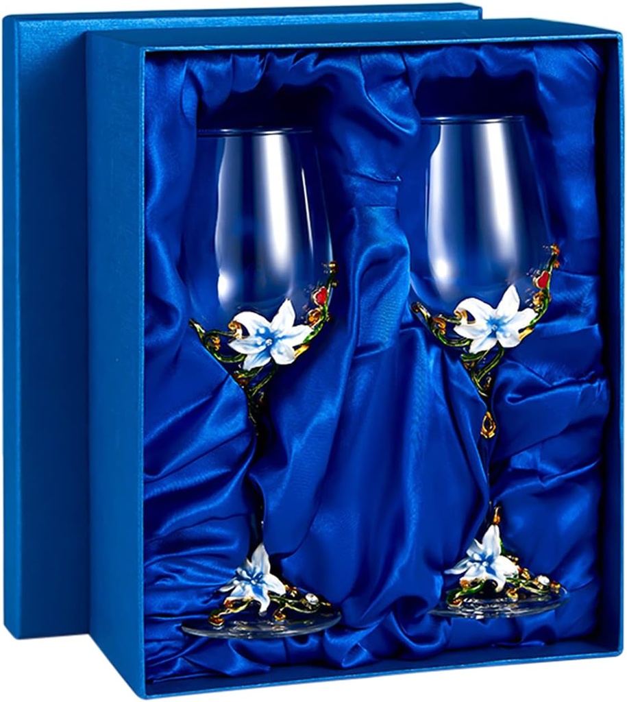 Wine Glasses Clear Enamel Handcrafted Champagne Glasses Red Wine Glasses Set Floral Goblets (Blue Double + Gift Box)