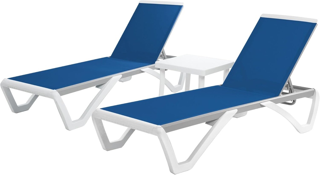 Kozyard Patio Chaise Lounge Chair - Full Flat Alumium & Resin Legs, Outdoor Reclining Adjustable Chair for Sunbathing, Beach, Patio, Lounge Set with Table (2 Blue Textilence W/Table)