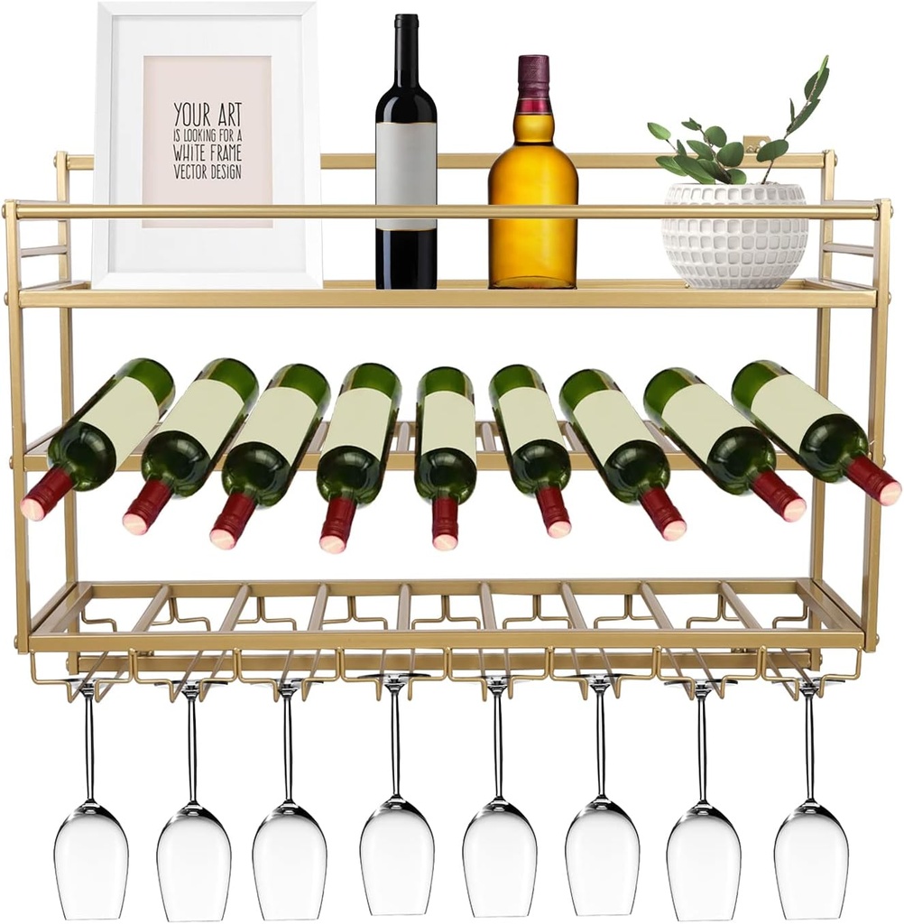 3 Layers Wall Mounted Wine Bottle Stemware Glass Rack, Rustic Metal Wall Mount Shelf Metal Wine Rack Metal Bottle & Glass Holder Elegant Storage for Kitchen, Dining Room, Bar or Wine Cellar (Gold)