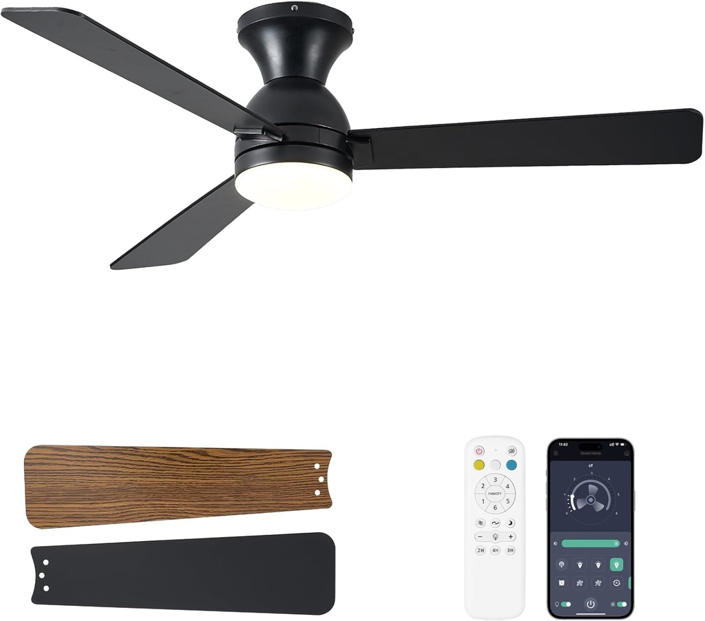 Ceiling Fans with Lights, 48 inch Low Profile Ceiling Fan with Light and Remote Control, Flush Mount, Reversible, 3CCT, Dimmable LED, Noiseless, Black Ceiling Fan for Bedroom, Dining Room