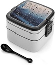 Rain Drops on Glass Bento Box Double Layer Lunch Box with Spoon And Handle All in One Stackable Lunchbox Adult Lunch Container for Women Men Work Picnic Camping