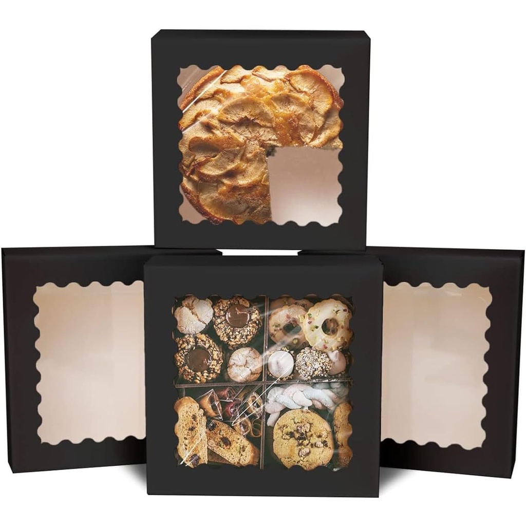 qiqee Auto-pop up Black Pie Boxes with Window 10x10x2.5 inch 30Packs Cookie Donut Bakery Box