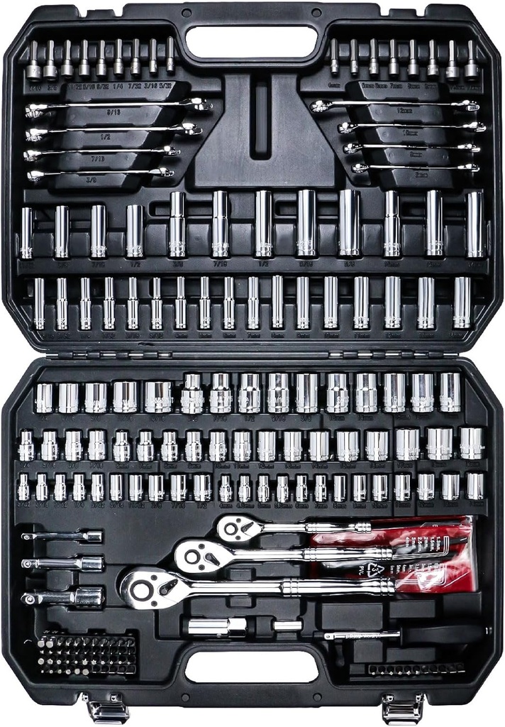 AMM Mechanics Tool Set, 1/4 in, 3/8 in and 1/2 in Drive socket set, 202 Piece