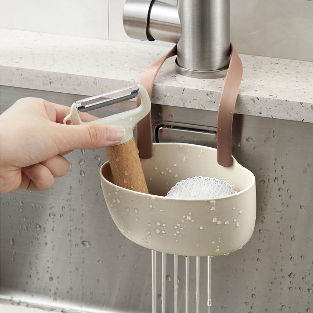 Kitchen Drain Rack Hanging Basket Large Capacity Soft Flexible Sink Drain Basket Hanging Bag for Sink Bathroom Kitchen Wall Storage (Brown)