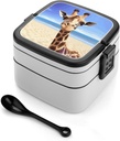 Bento Box Stackable Lunch Box with 2 Compartments Leak-Proof Food Storage Containers Beach Giraffe Bento Lunch Box for Adults Lunch Containers with Utensil Set, Black