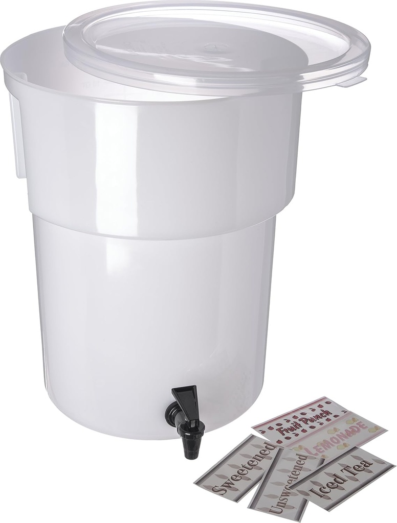 Carlisle FoodService Products Round Beverage Dispenser Drink Dispenser with Spigot for Catering, Plastic, 5 Gallons, White