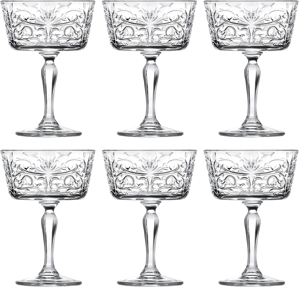 Barski Champagne Glasses - Flute - Saucer - Belle Coupe - Set of 6 Glasses - Glass Crystal - Glass has Tattoo Design -9 oz Made in Europe