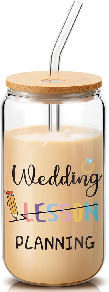 Zhehao Teacher Wedding Gift Wedding Lesson Planning Glass Cup Engaged Cup Wedding Planning Cup 16 oz Iced Coffee Glass with Lids Straws Brushes Bride Gifts, Wedding Planning Gifts for Bride
