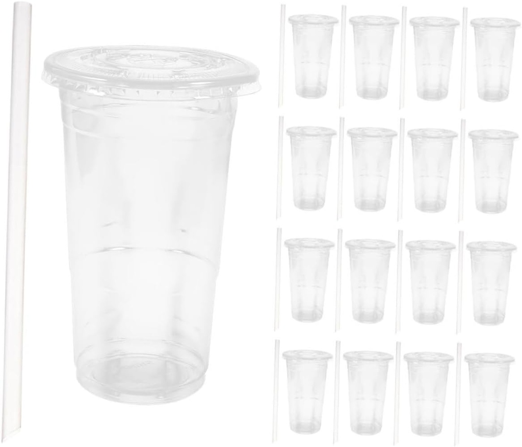50 Sets Disposable Clear Cold Drink Cups with Lids and Straws PP Beverage Cups for Iced Coffee Juice Smoothies Party and Restaurant Use