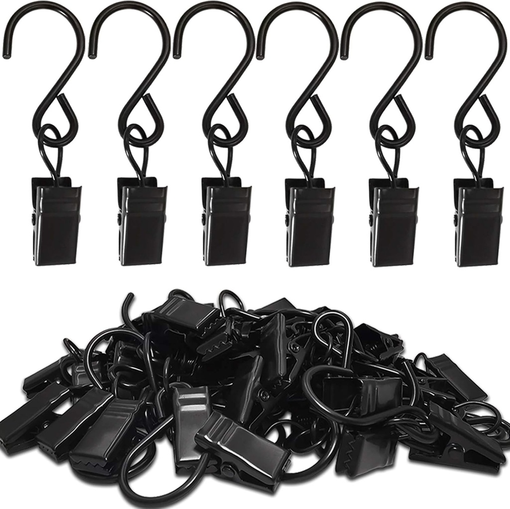 Stainless Steel S Hooks Curtain Clips, 50 Pack Hanging Party Lights Clips Hangers Gutter Photo, Art Craft Display, 2.4 Inch Long, Black