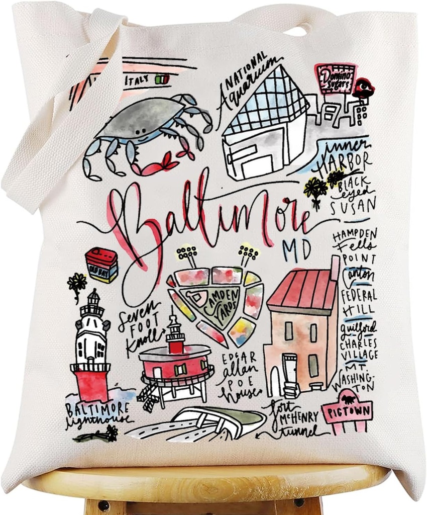 G2TUP Baltimore Maryland Travel Tote Bag Souvenir Gift Landmarks Shoulder Bag City Merch