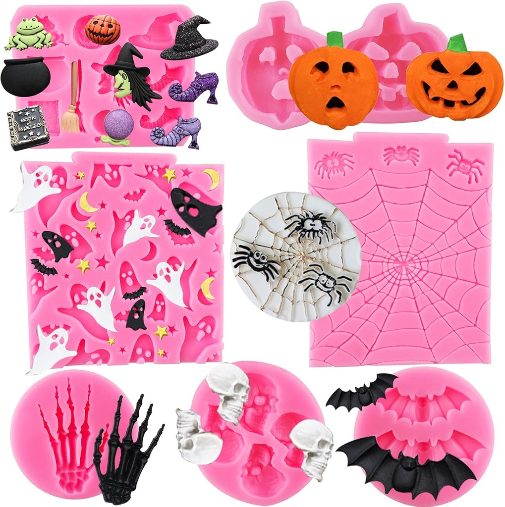 Halloween Silicone 7-Pack Pumpkin Cake & Cupcake Chocolate Skull Batskeleton Hand Bat Ghost Witch Candy Molds for Party